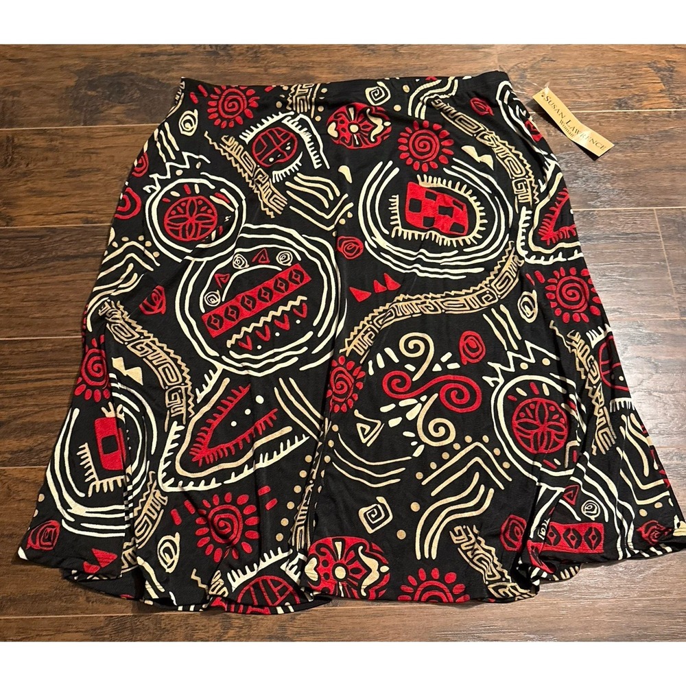 Susan Lawrence Skirt 3X Black Red Tribal Print A Line Stretch Pull On Midi USA - Picture 1 of 8